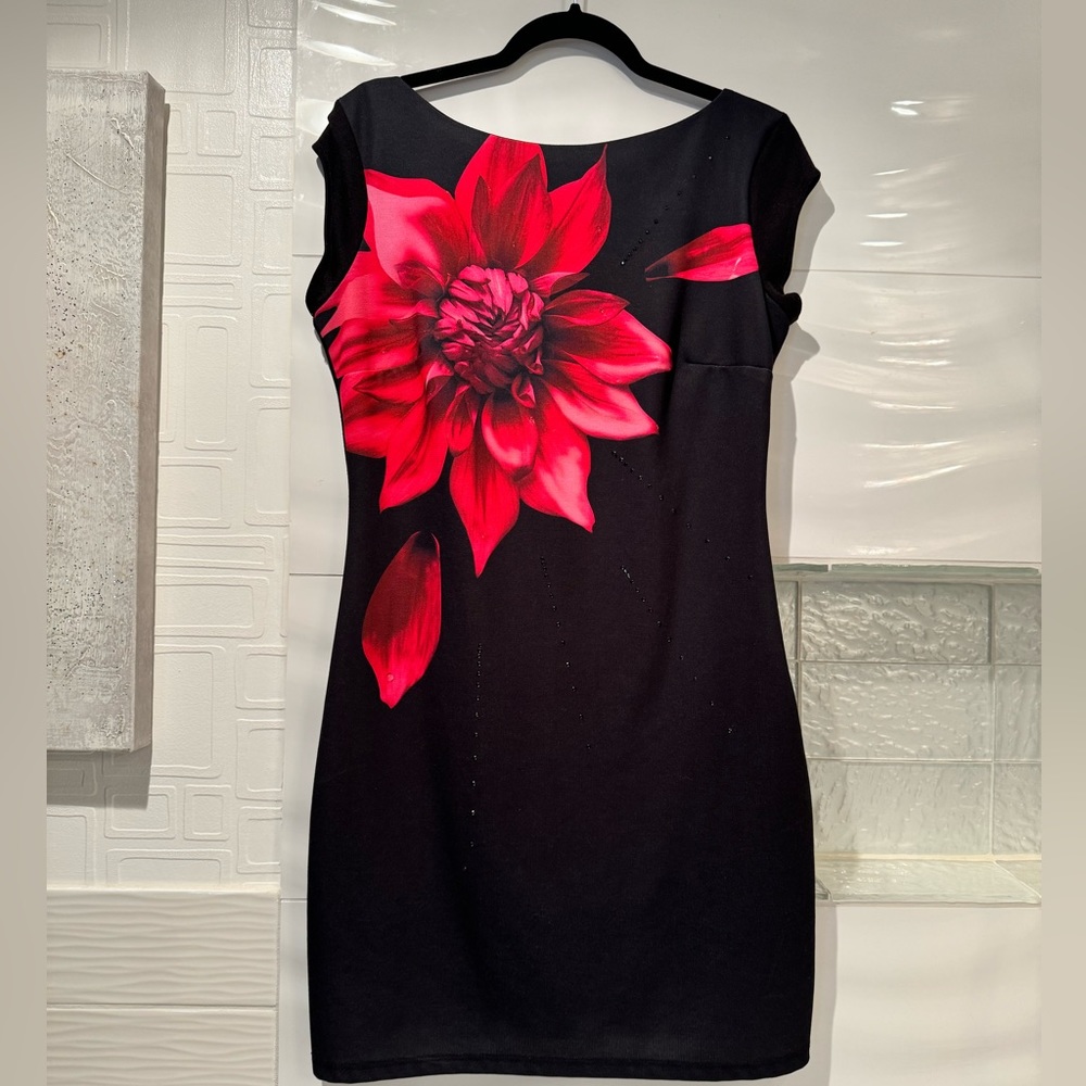 Desigual Isla Knit Dress Floral Tropical Mini Flower Red Black